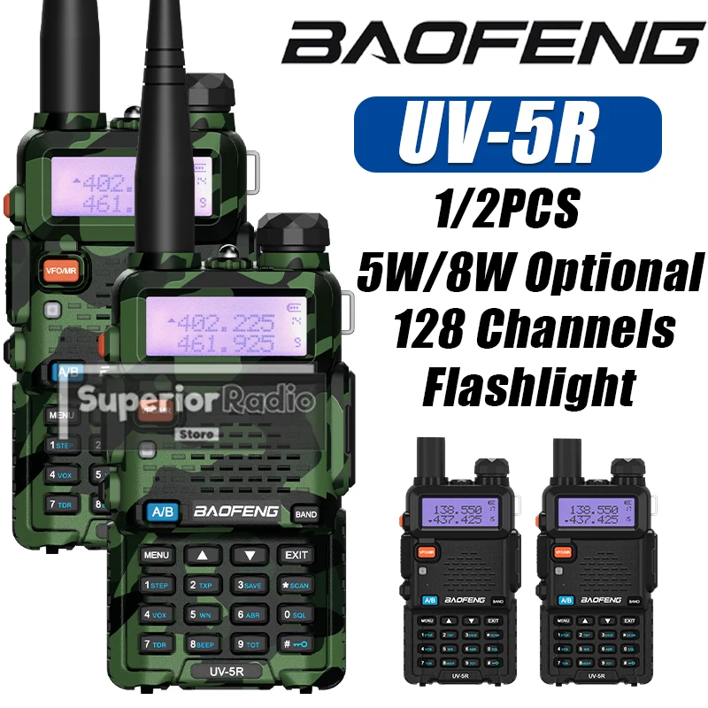 1/2PCS Baofeng UV-5R Walkie Talkie 5W/8W Optional Black/Camo 128CH UV5R Handheld UHF/VHF Dual Band Portable FM Ham Two Way Radio