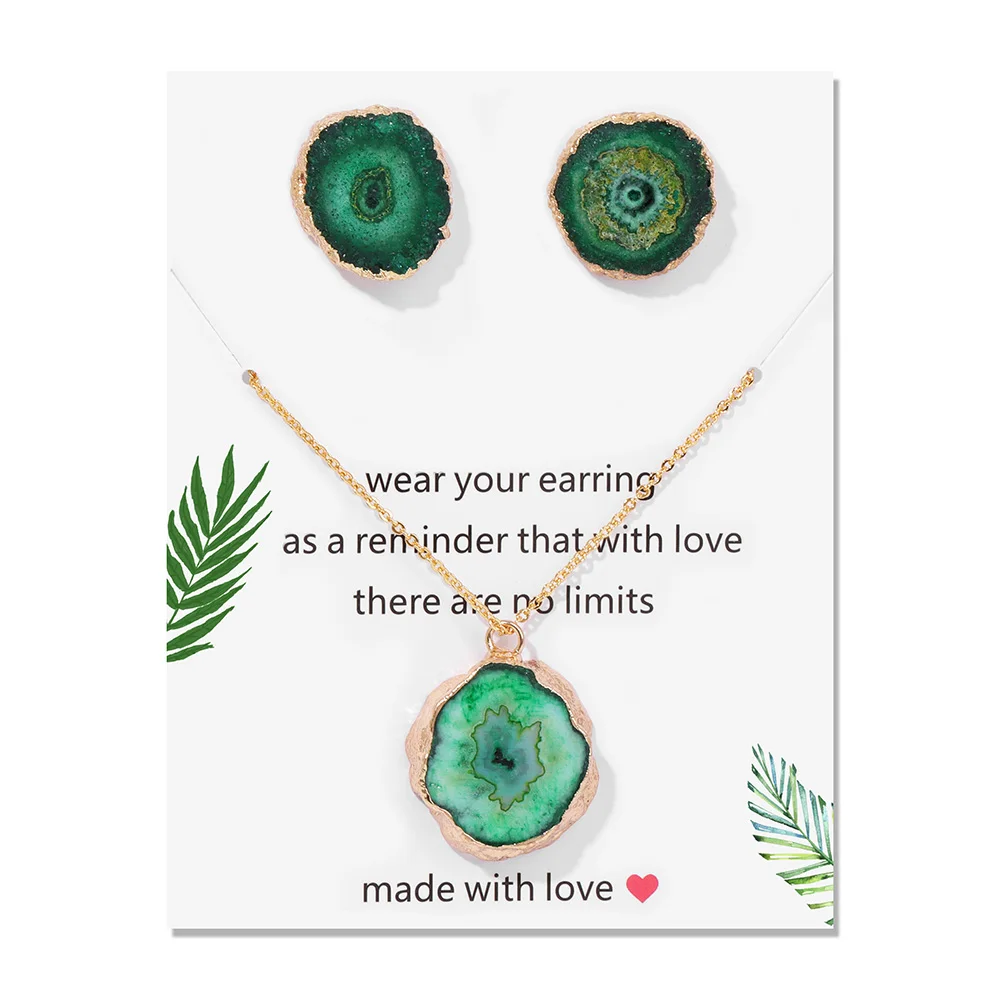 Natural Green Druzy Agates Cluster Pendant Necklace With Earrings Irregular Geode Rough Natural Stone Ear Studs Necklace Jewelry