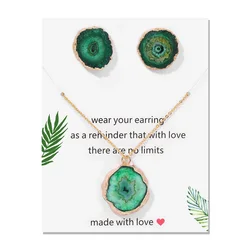 Natural Green Druzy Agates Cluster Pendant Necklace With Earrings Irregular Geode Rough Natural Stone Ear Studs Necklace Jewelry