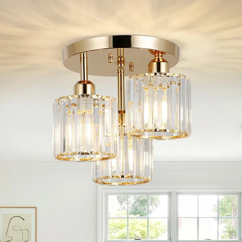 Modern Black Gold Three-head Wrought Iron Lamp Crystal Ceiling Lamp with Transparent Lampshade Suitable for Porch Bedroom Light
