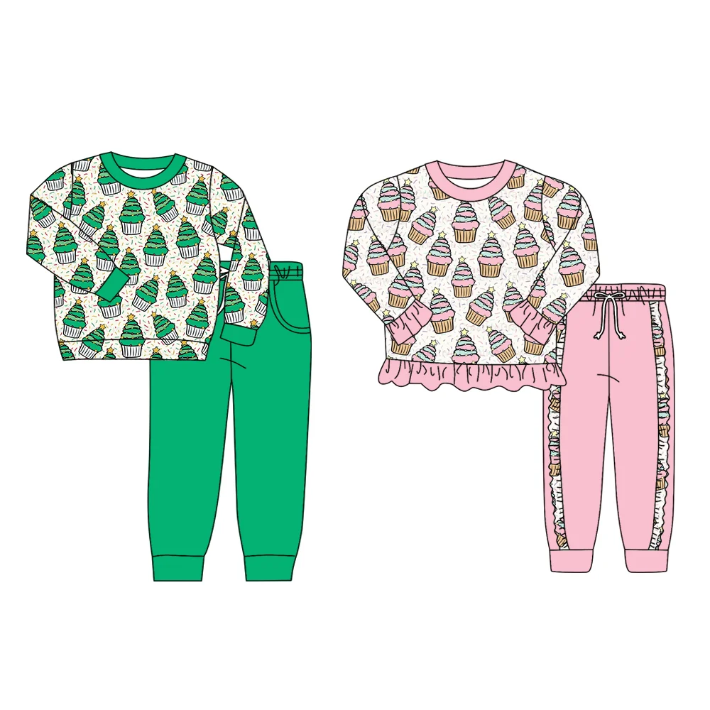 

Merry Christmas Toddler Baby Clothes Children's Long Sleeve Two Piece Set Wholesale Dessert Pattern Long Pants Set Kids Clothes