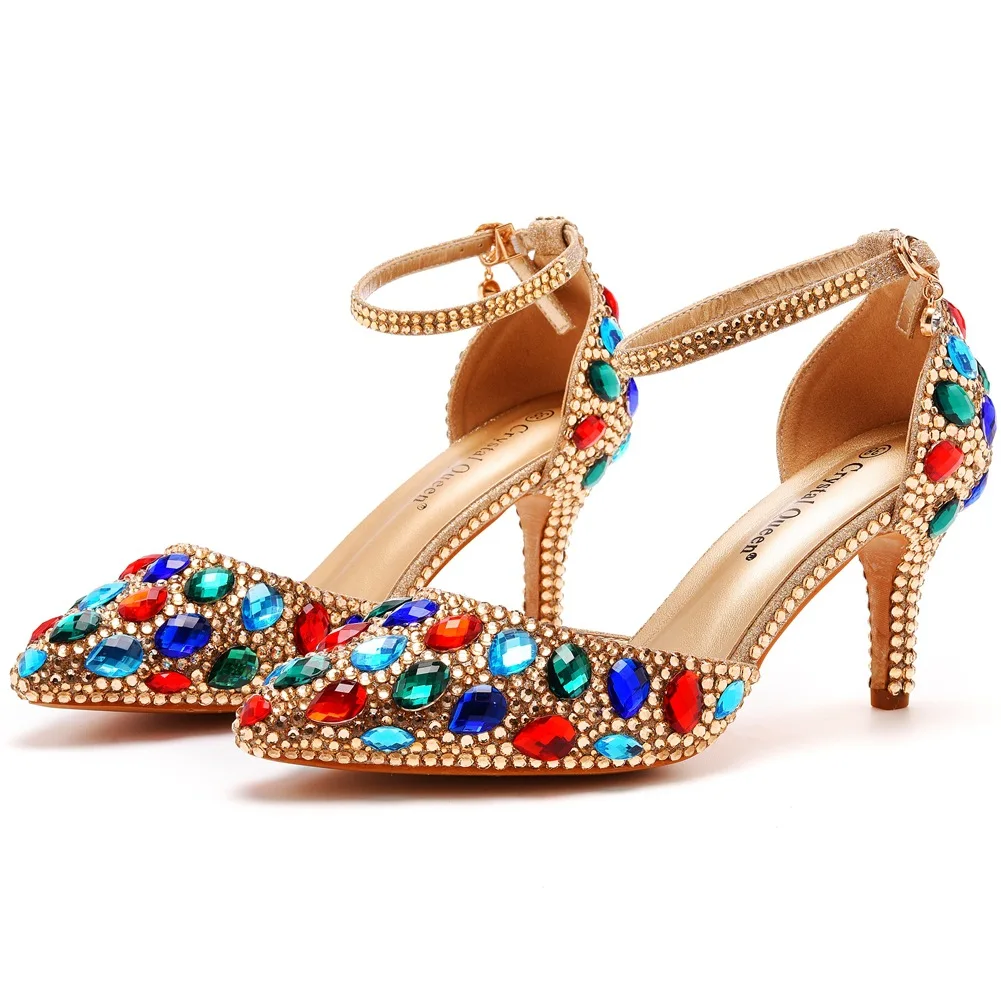 Ladies Shoes High Quality Sandals Pumps Colored Rhinestone PU 7.5CM Thin Heels Multicolour Evening Dress Woman Shoes White