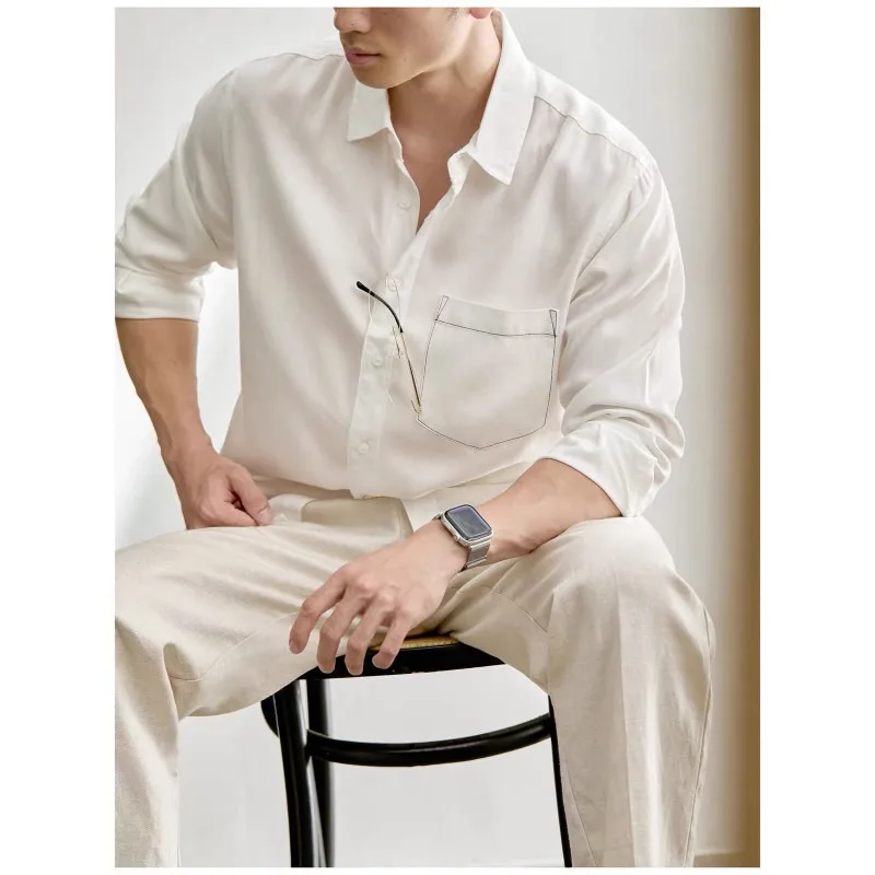 Lyocell Linen Blend Long Sleeved Shirt Men's Visible Thread Pocket Decoration Versatile Shirt Casual Business Social Shirts