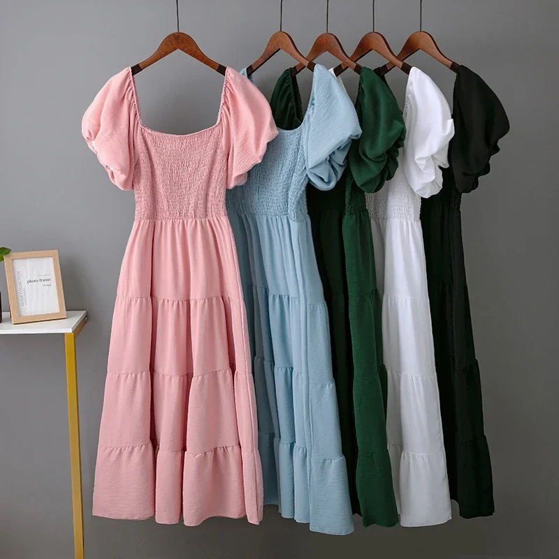 

Elegant SKinny High Waist Solid Maxi Dresses Summer Women's Dress New Sexy Backless Elastic Holiday Short Puff Sleeve Dress