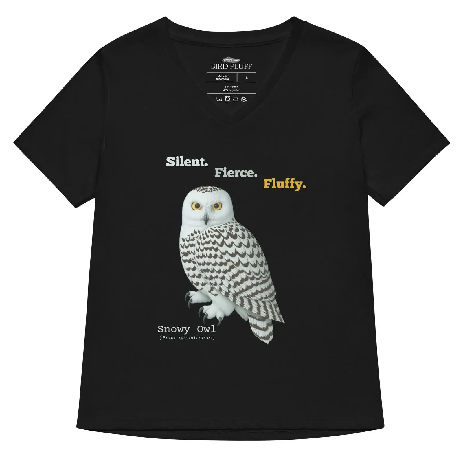Black t shirt with a snowy owl graphic and text on white background vintage Washed fashion Breathable Soft Stretched