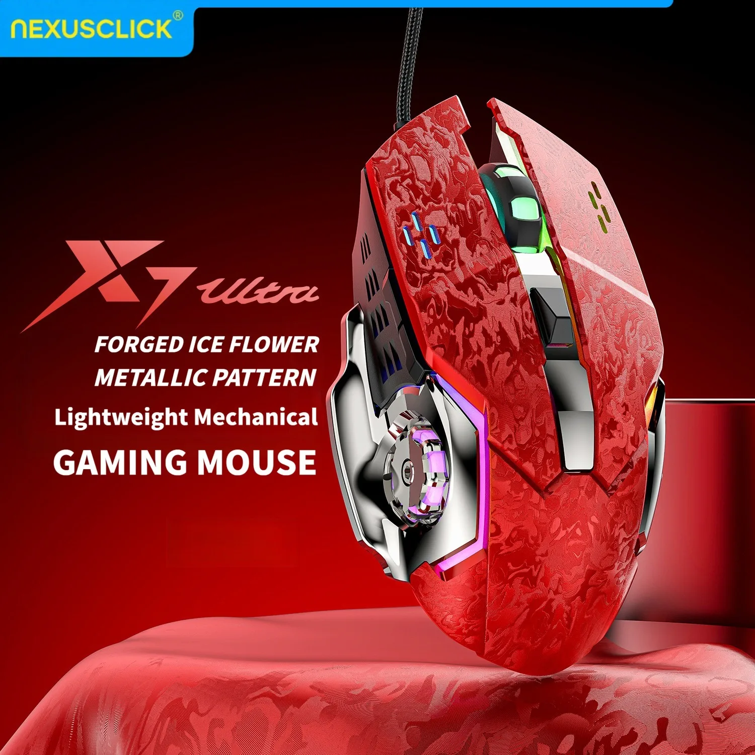 NexusClick 2026 New Wired Gaming Mouse 6 Buttons RGB Colorful Lighting 7200 DPI Ergonomic Office Game Mice for Computer Mac iOS
