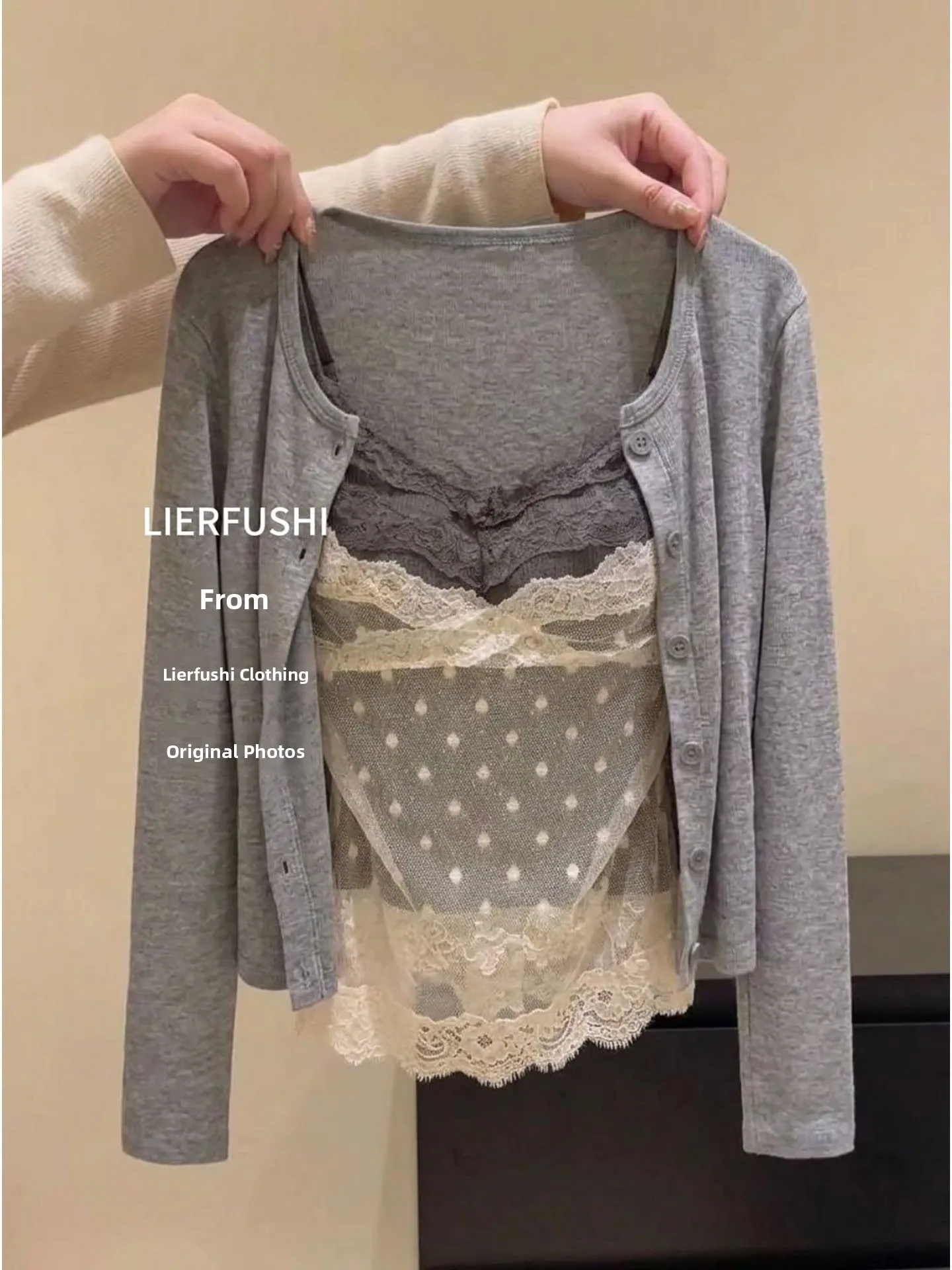 Dot Pattern Sexy See through Lace Knitted Cardigan with Chest Pad Two Piece Set Women's Autumn Top Ensemble Short Sleeve Long...