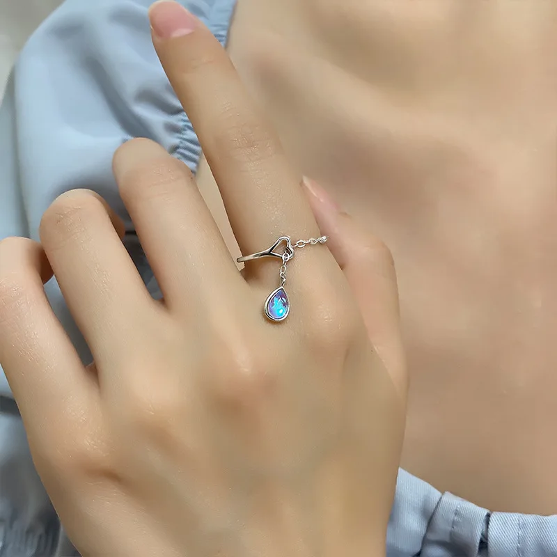 Xingyunday Moonstone Hollow Love Heart Rings for Women Girl Tassel Chain Adjustable Ring Creative Silver Color Jewelry