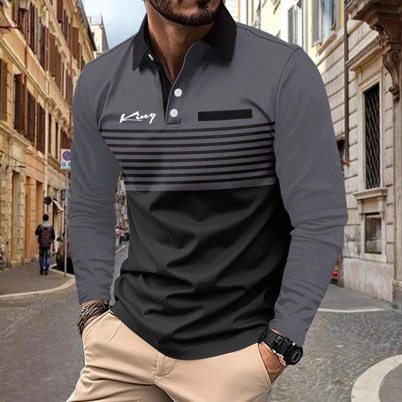 Autumn and Winter Men's Long Sleeved Lapel Button Polo Shirt with Striped Print Design, Simple, Fashionable, Comfortable, Regula