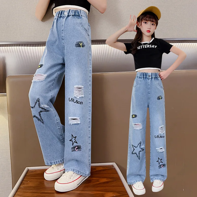 Summer Distressed Jeans, Playful Prints, Age-Appropriate Glam, Girls' Fashion Summer Casual, Party Straight-Leg Pants.for T-shir