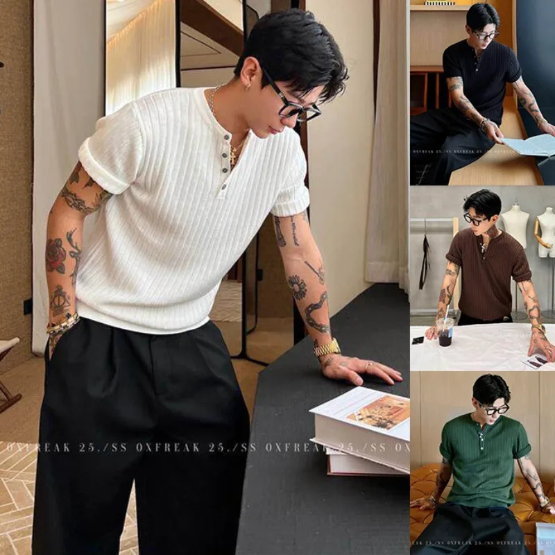 Summer knitted sweater short-sleeved T-shirt men's Henry collar slim and thin solid color ice silk