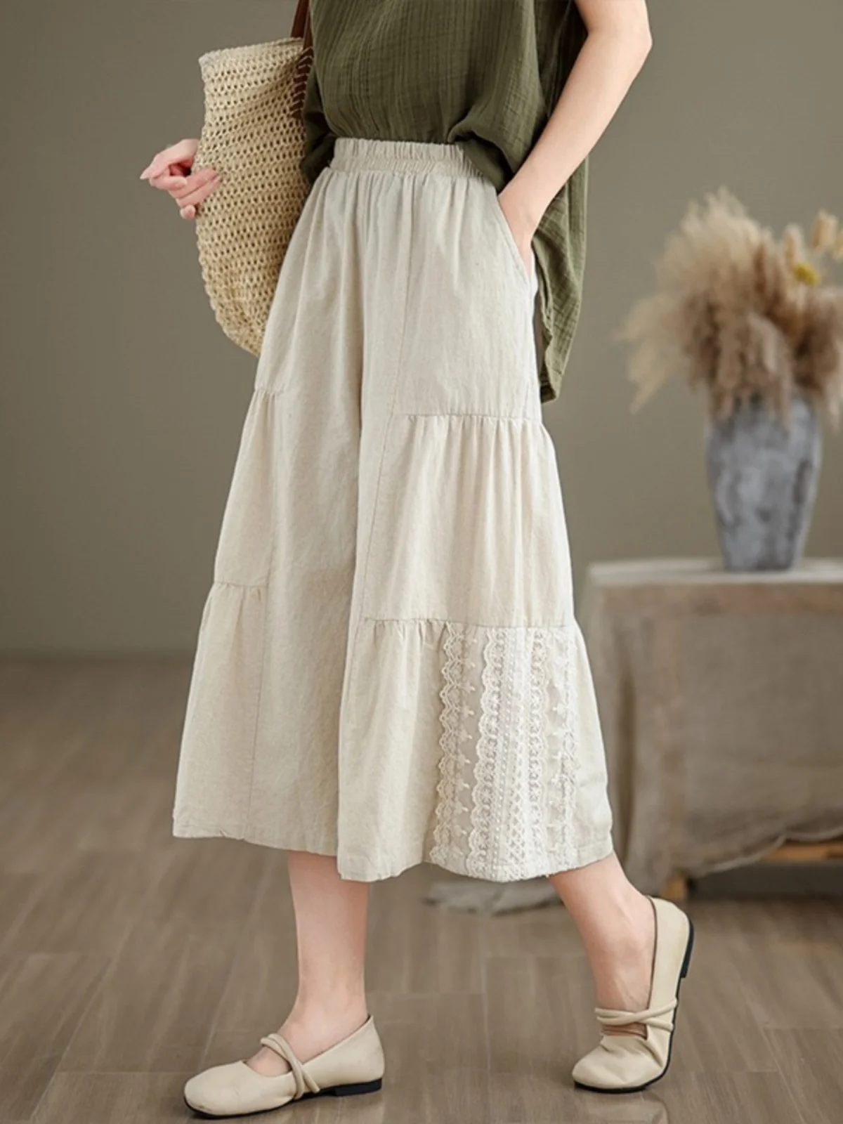 Baumwolle Leinen Breite Bein Hosen frauen Sommer Casual Spitze Trim Patchwork Sieben-Fuß Baumwolle Leinen Hosen Hohe Taille pendeln Sle