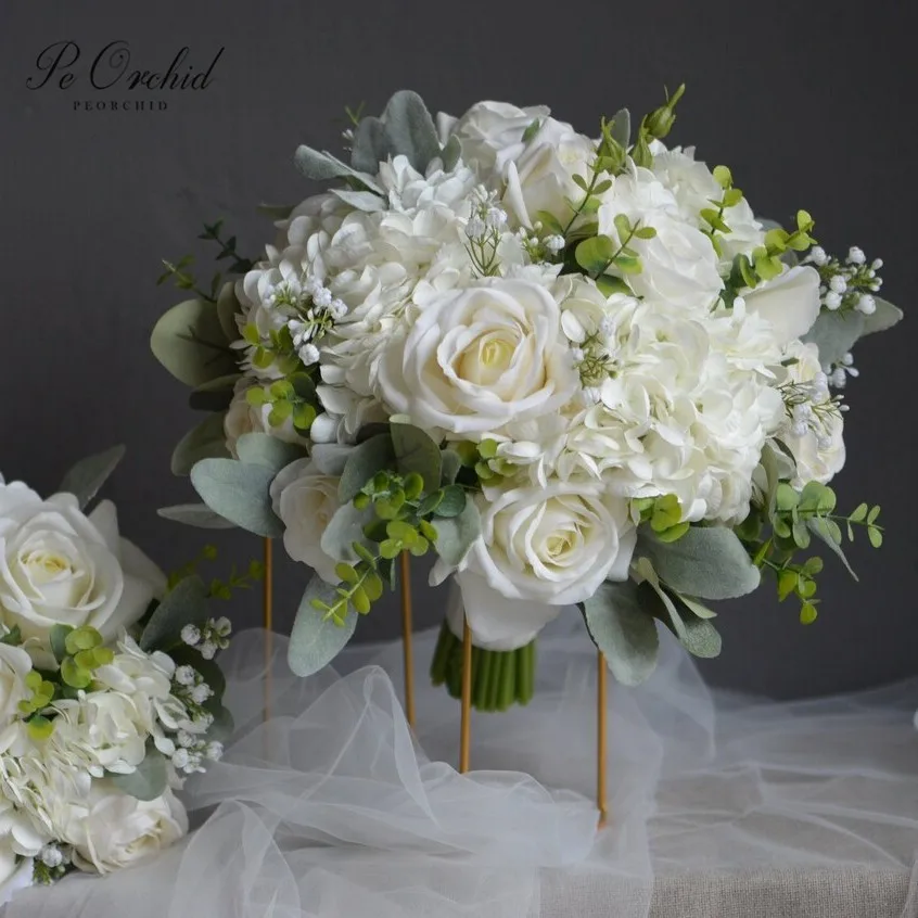 PEORCHID Rustic White Ivory Bridal Bouquet For Weddings Bridesmaid Silk Flower Garden Baby's Breath Rose Boho Bouquets for Bride