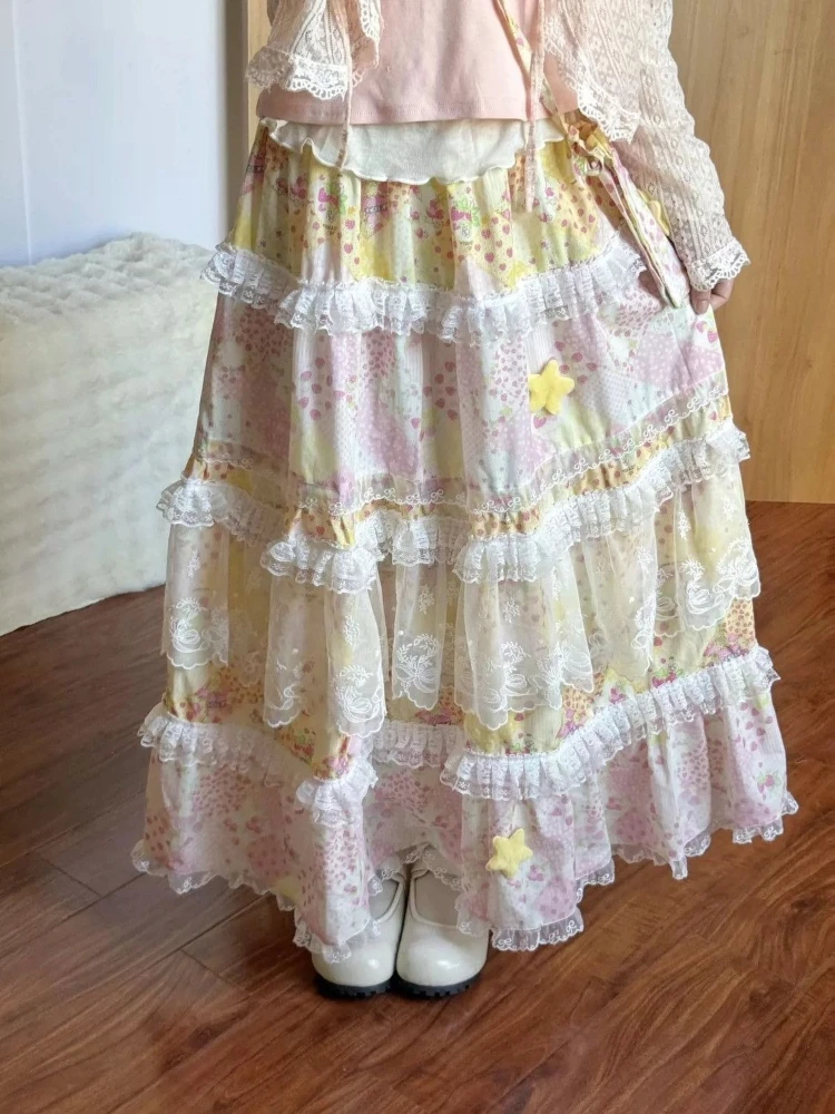Sweet Kawaii Harajuku Long Cake Skirt Women High Waist Lace Trim Ruffled Layered Print Star Halter Casual Daily Outfit 2026