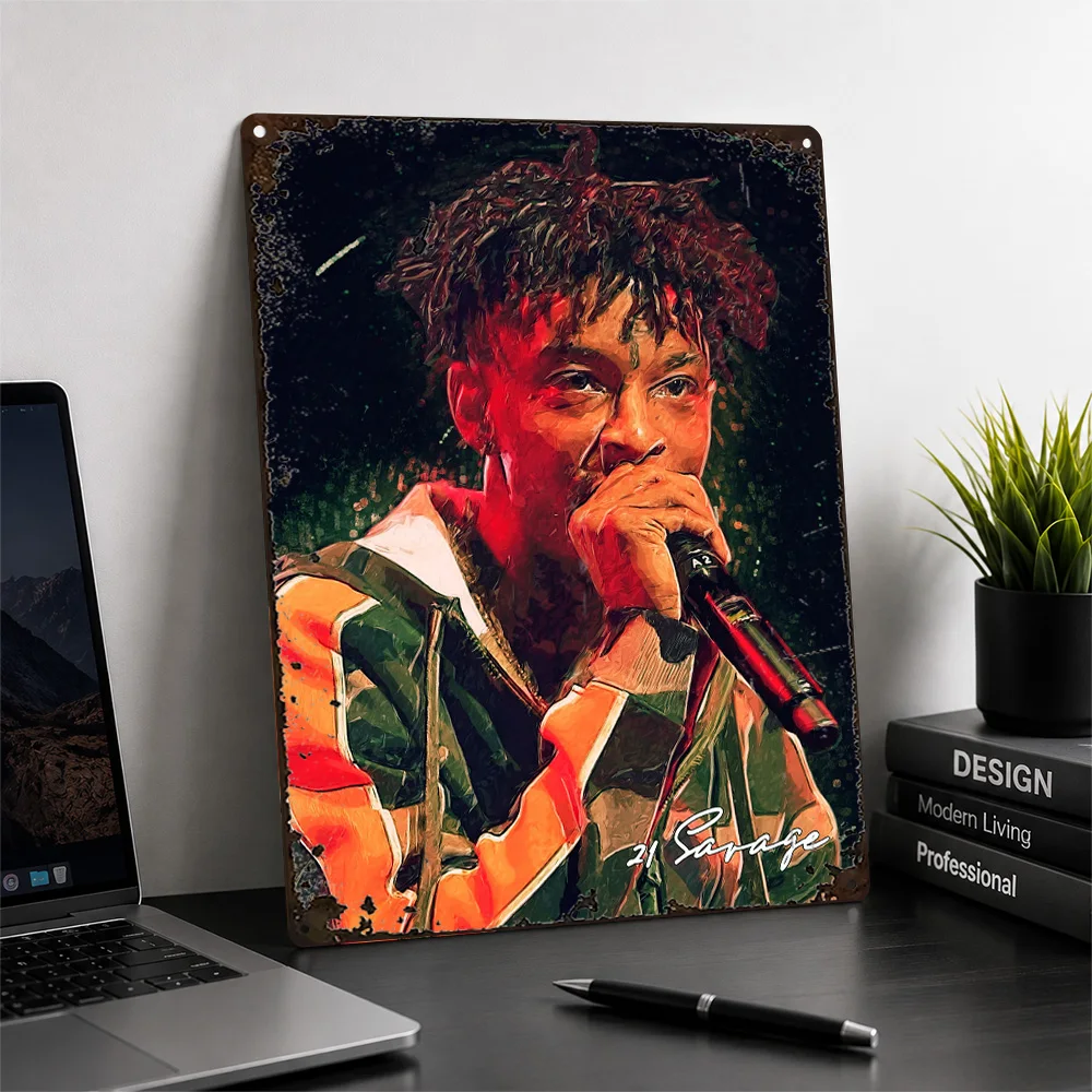 21 Savage Microphone Performance Aluminum Poster Painterly Wall Art For Music Studio Customized Metal Sign Record Collector Gift