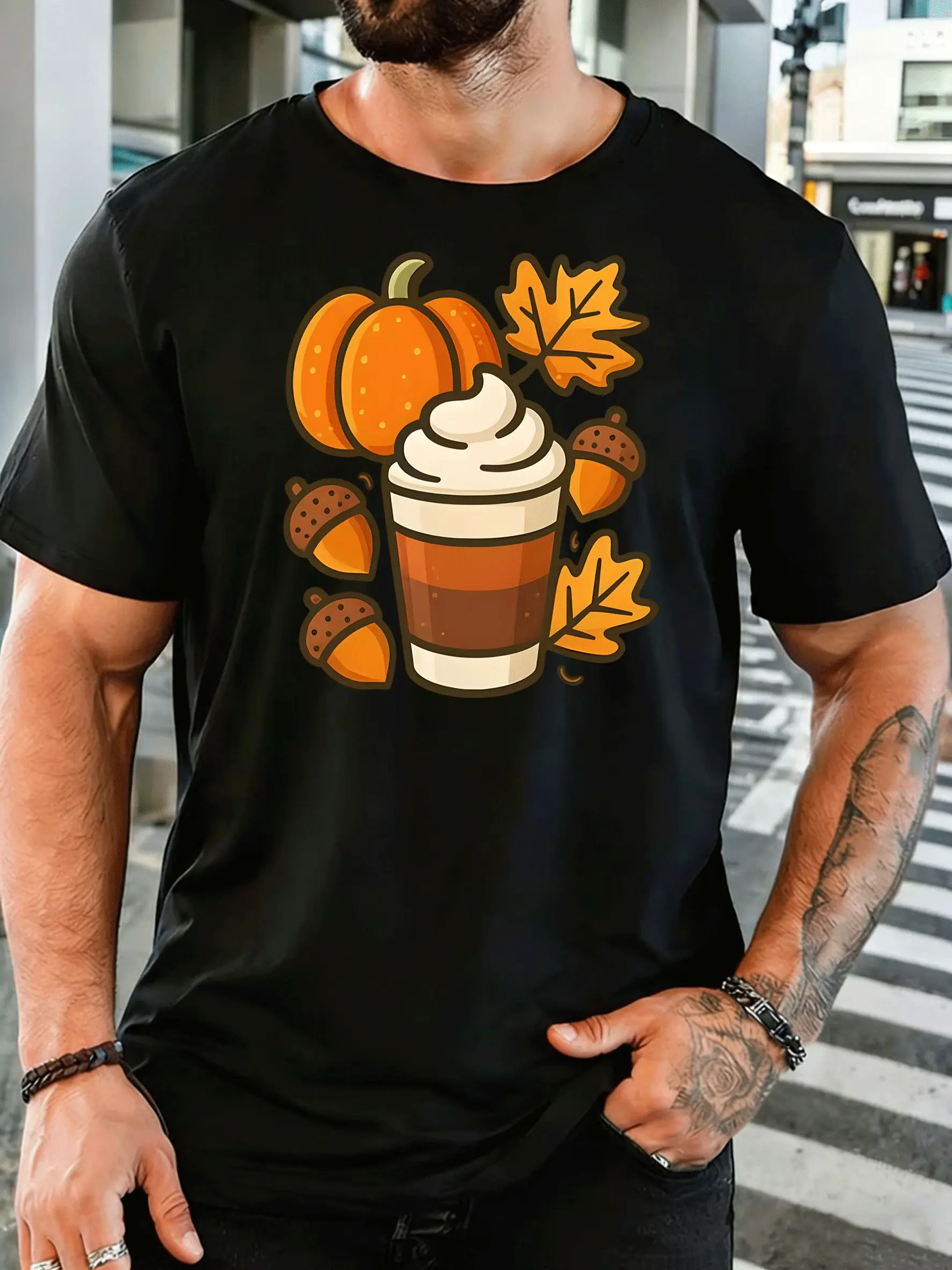 Autumn Pumpkin Spice Coffee Acorn Maple Leaf Mens Print T Shirt Fall Season Graphic Te Casual Short Sleeve Top Coffee Lover Gift
