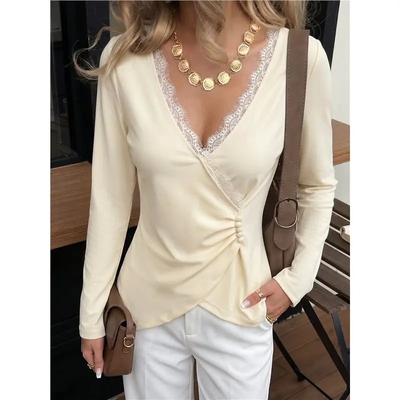 Women's Long Sleeve V Neck T Shirts Fall Fashion Outfits Ruched Slim Fit Blouses Going Out Tops Beige S Eco-Friendly