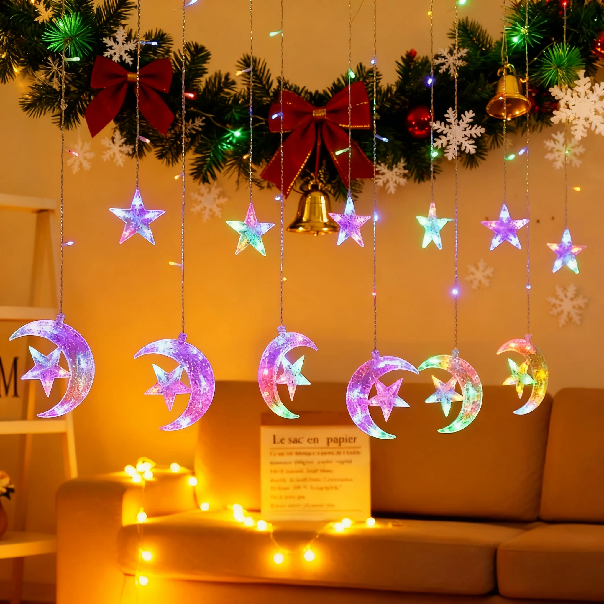 Christmas Star-MoonCurtain Lights EU Plug LED Flashing Fairy String Lights,Waterproof for Holiday Party Wedding Xmas Tree Decor