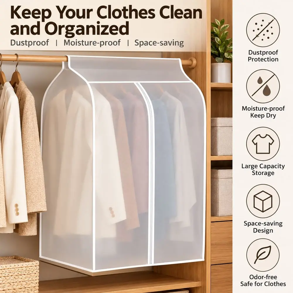 PEVA Garment Cover Hook And Loop Fasteners Zipper Closure Clothes Protector Translucent Moisture-proof Dustproof Clothes Cover