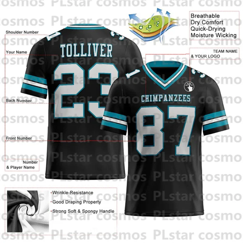 Custom Black White-Teal Mesh Football Jersey 3D Printed Kids Football Jersey Boys Tops Girl Tees