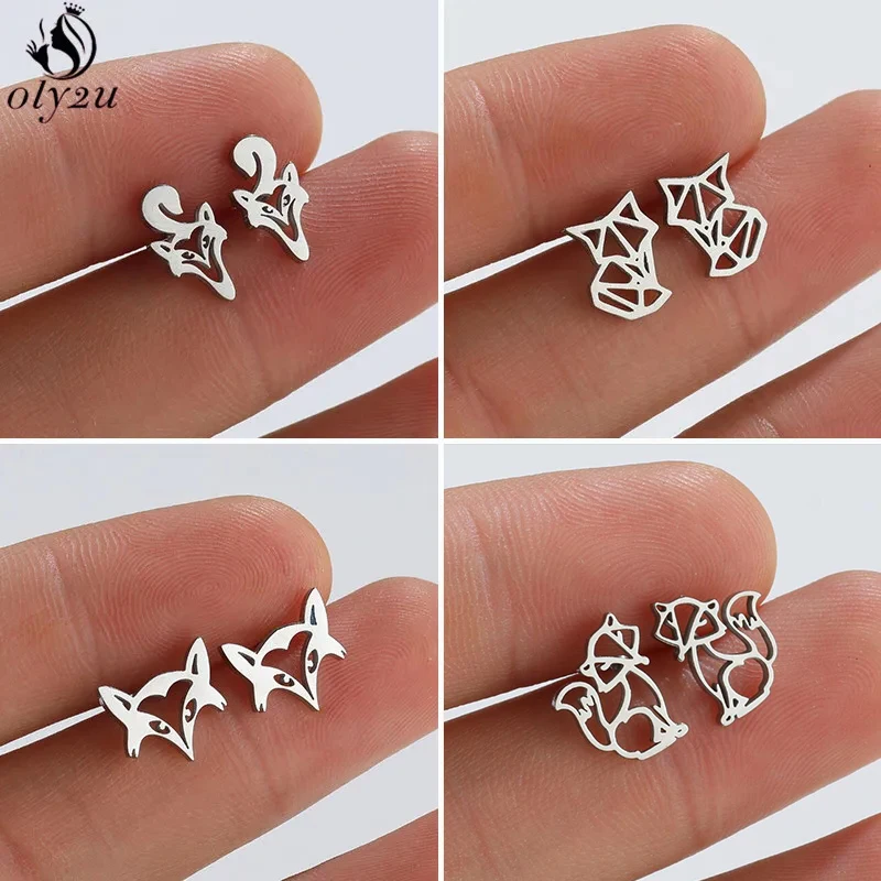 Cute Stainless Steel Cat Earrings for Women Mini Origami Fox Earings Fashion Jewelry Black Animal Earring Accessories Child Gift