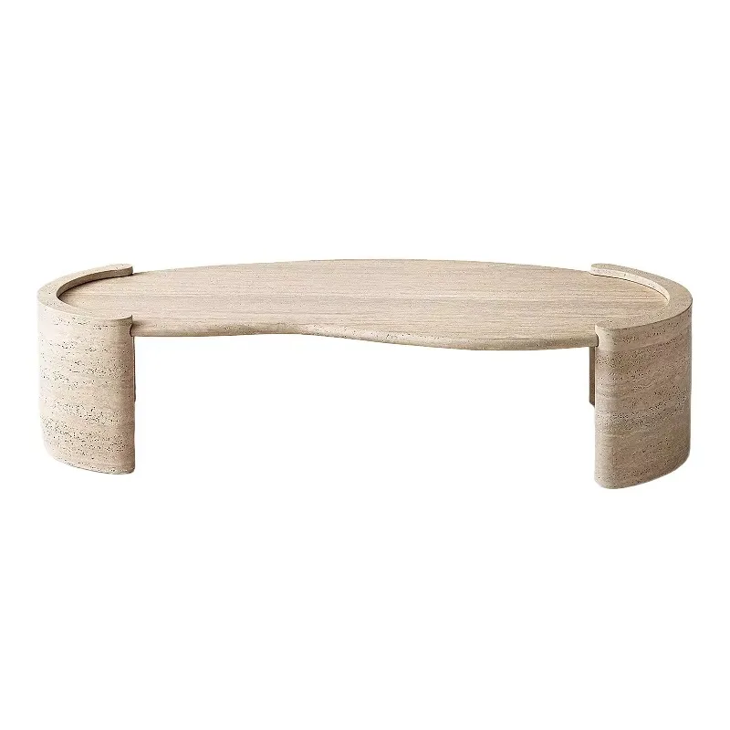 طاولة قهوة من الرخام الترافرتين الاسكندنافي Wabi-Sabi بحجم قابل للتخصيص طاولة زاوية مستديرة لأثاث المنزل في غرفة المعيشة