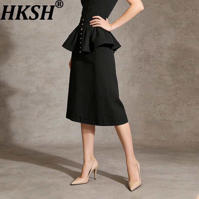 HKSH 2026 Spring Summer New Women Skirt Pleated Buttoned Patchwork A-line High-End Versatile Elegant Sweet Casual Skirts HK17814