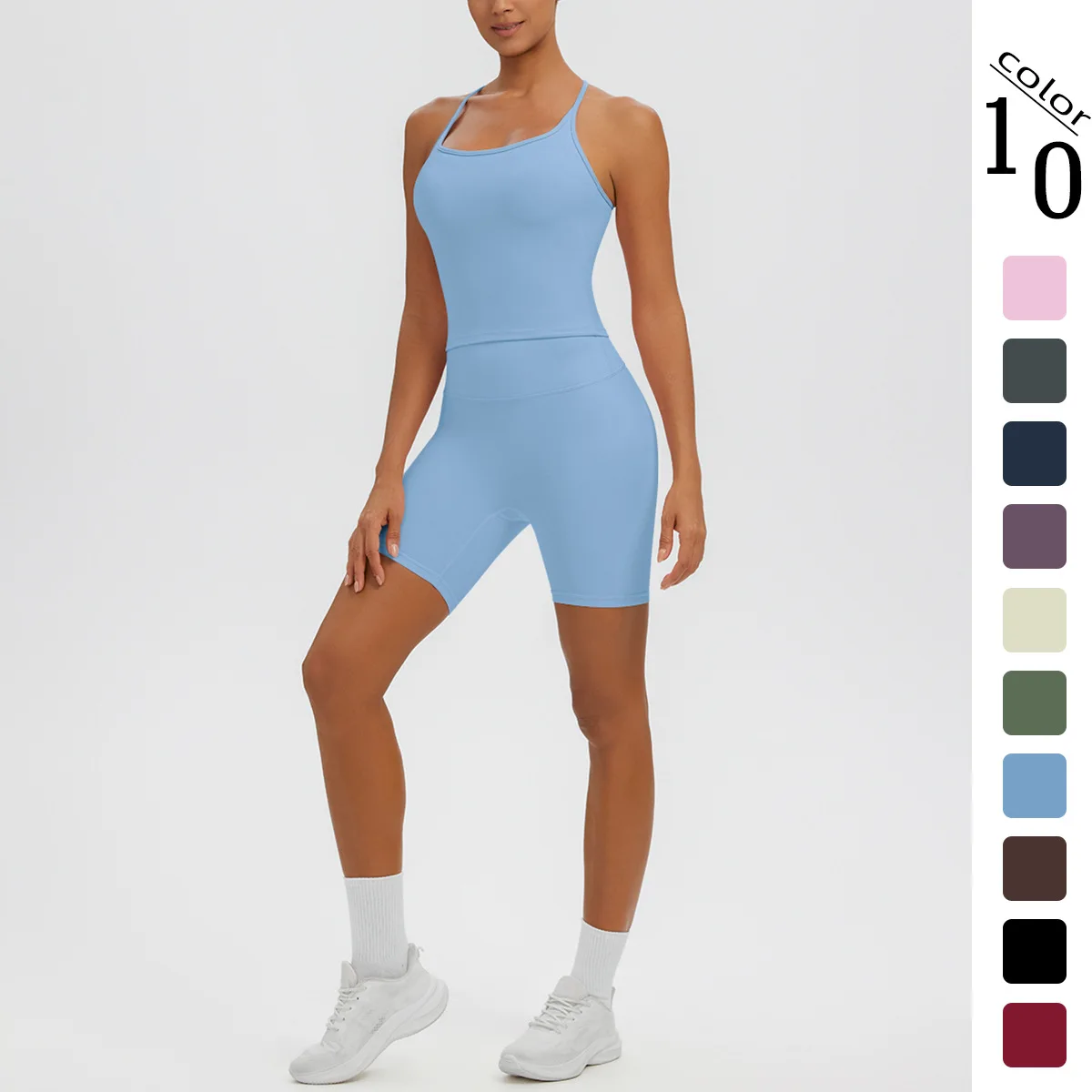 2PCS/set Yoga Suit for Woman Thin Shoulder Straps I-shaped Vest Solid Color Workout Top Breathable Hip-lifting Fitness Shorts