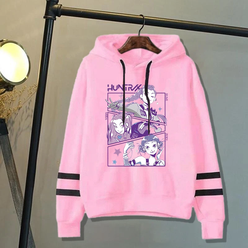 New Kpop Demon Hunters Mira Rumi Zoey Print Hoodie Sweathshirts Men Women Hooded Pullover Unisex Long Sleeve Stripe Hoodie