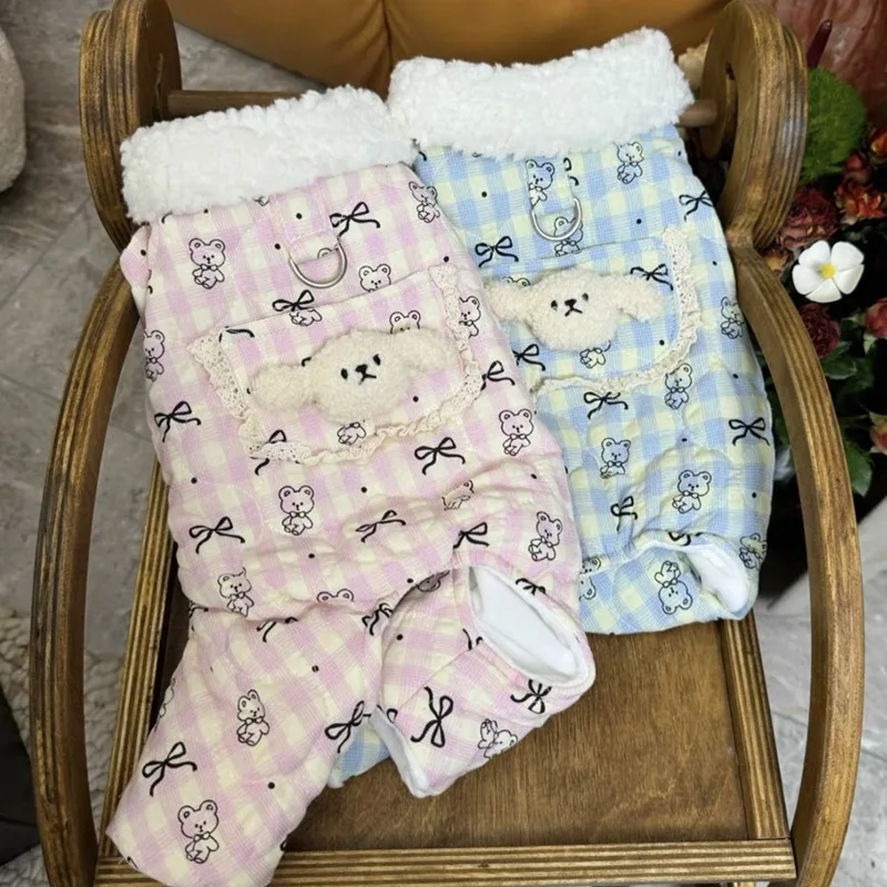 Small Bear Bow Pattern Pet Cotton Coat Winter Teddy  Warm Down Jacket Bichon Cute Four-Legged Coat Cartoon Dog Clothes view 3