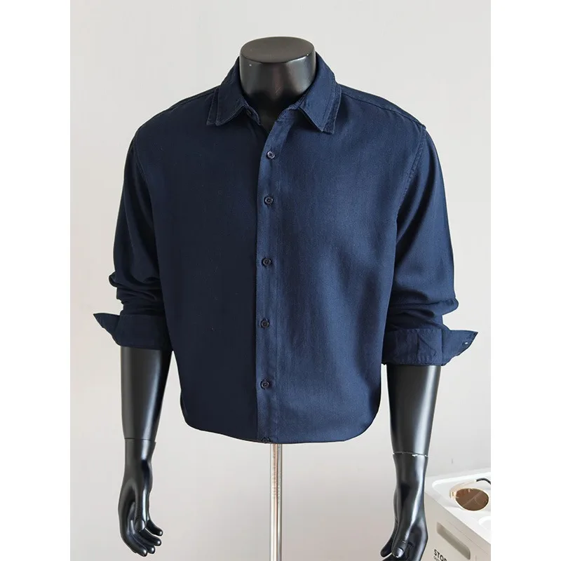 2026 Solid Color Double-layer Collar Shirt for Men Lyocell Linen Casual Long Sleeved Shirts Social Business Shirt Men Clothing