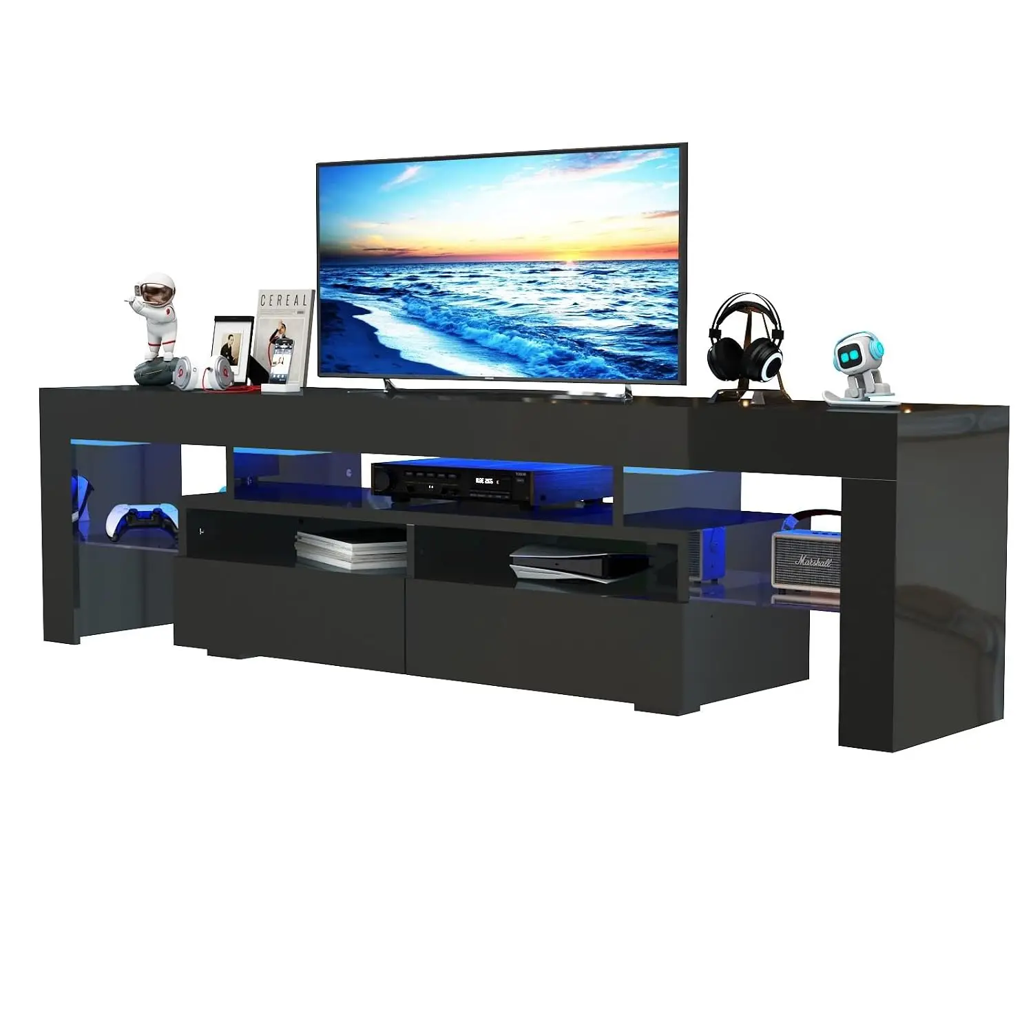 70IN TV Stand for 65/75/85 inch TV, High Glossy Entertainment Center with Drawer & LED Lights, Media Console for Living Game Roo