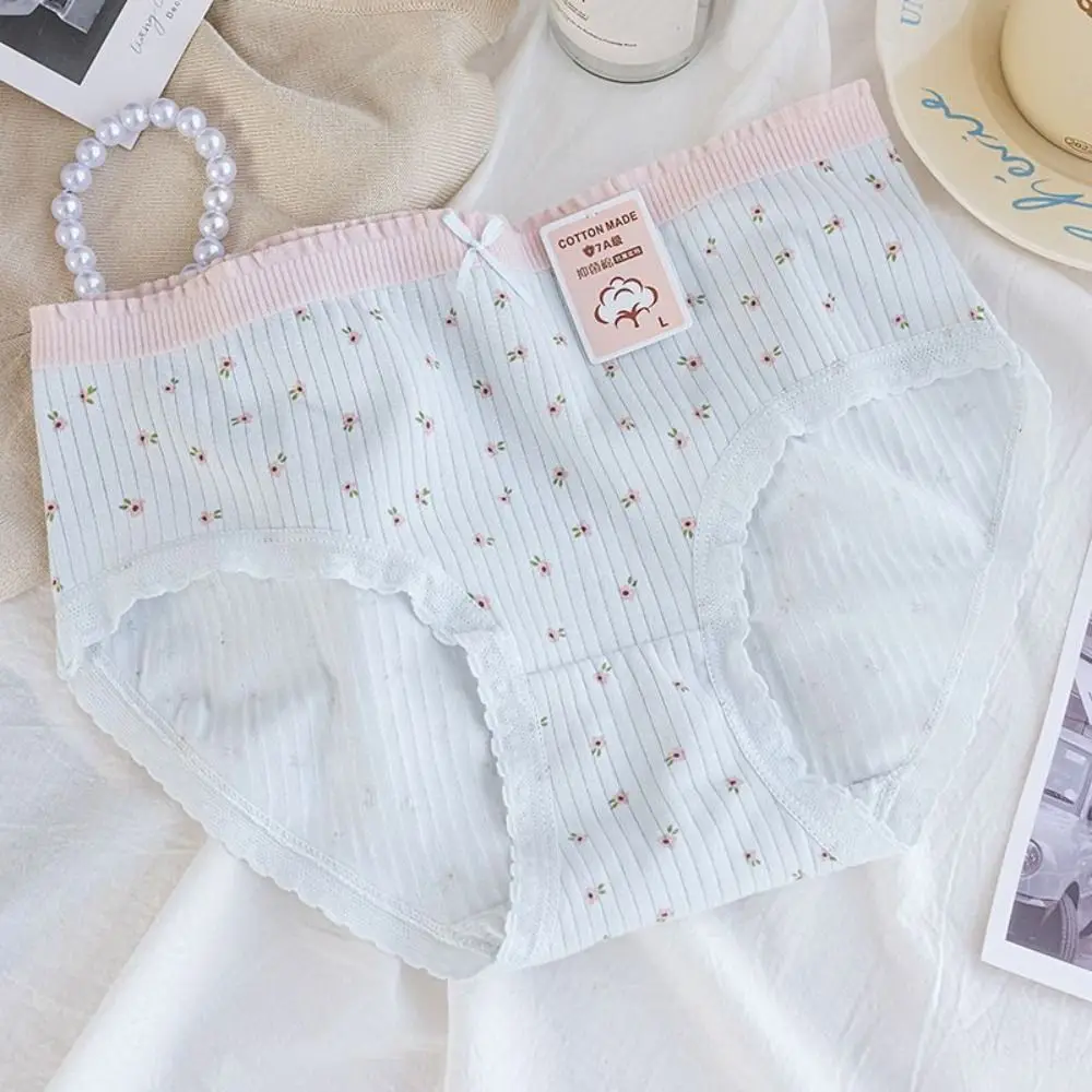 5Pcs Bowknot Lace Flower Panties Cotton Crotch Mid Waist Sweet Floral Briefs Underpants Lingerie Underwear for Women Lady