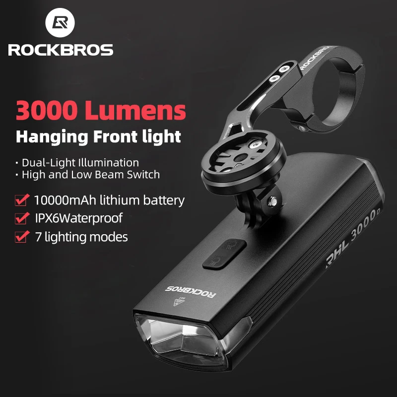 ROCKBROS 3000LM 10000mAH Bike Light in High-Low Beam High Brightness Bicycle Powerbank Light Type-C MTB Road Cycling Headlight