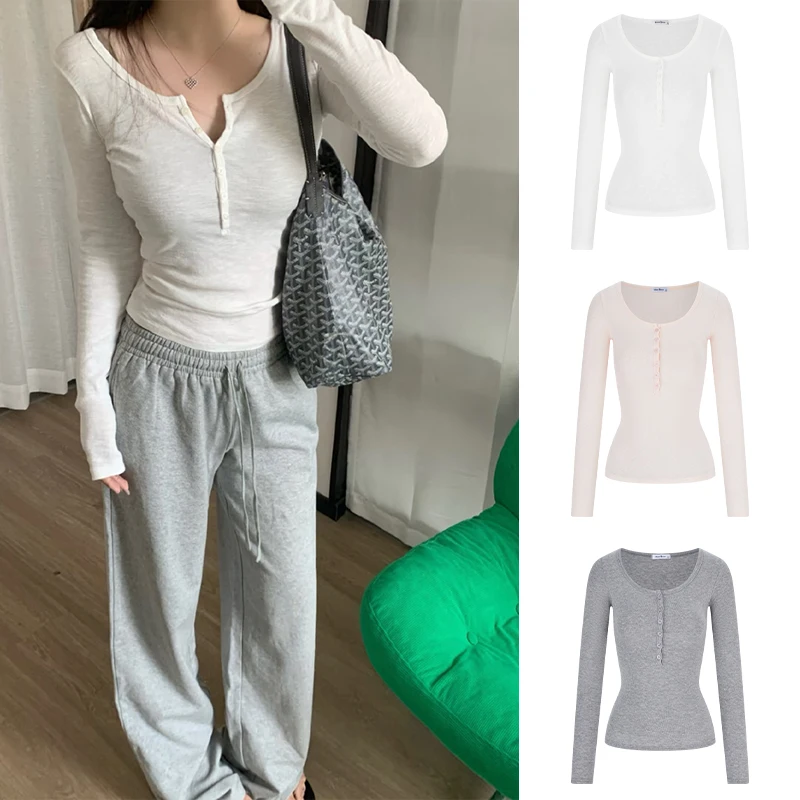 MosesQueen Queen Moses Pure Color Long Sleeve Half Collar Slim Fit T-Shirt Casual Inner Wear Base Shirt Top for Women