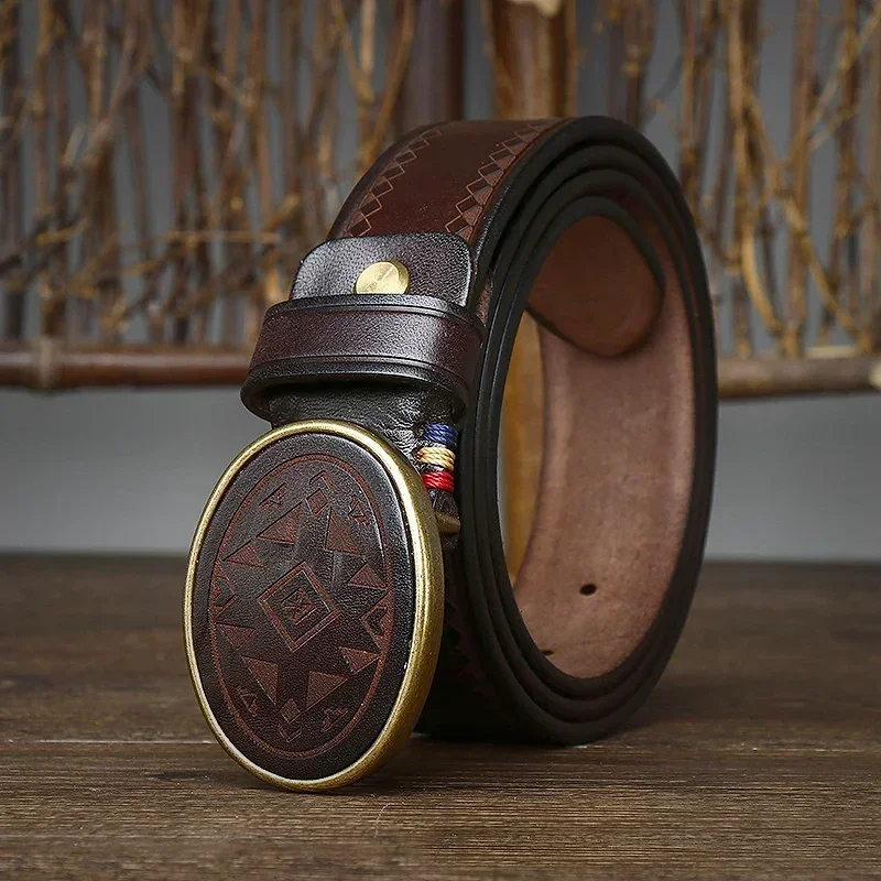 メンズレトロレーザー彫刻パターントレンド多用途ウエストベルトプレート銅バックル本革トップレイヤー純粋な牛革ベルト