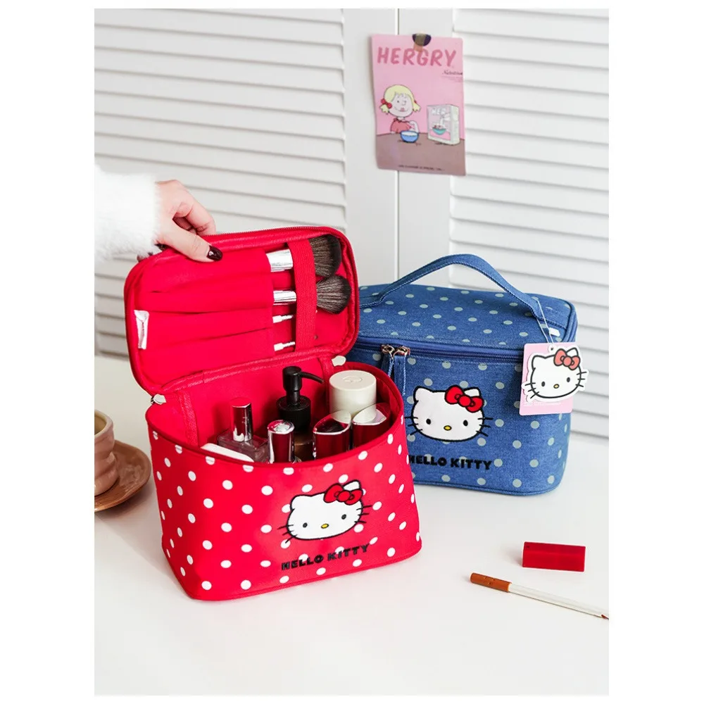 Cute Hello Kitty Portable Travel Storage Bag, Cat Polka Dot Makeup Bag, Large-Capacity Partitioned Cosmetic Storage Box