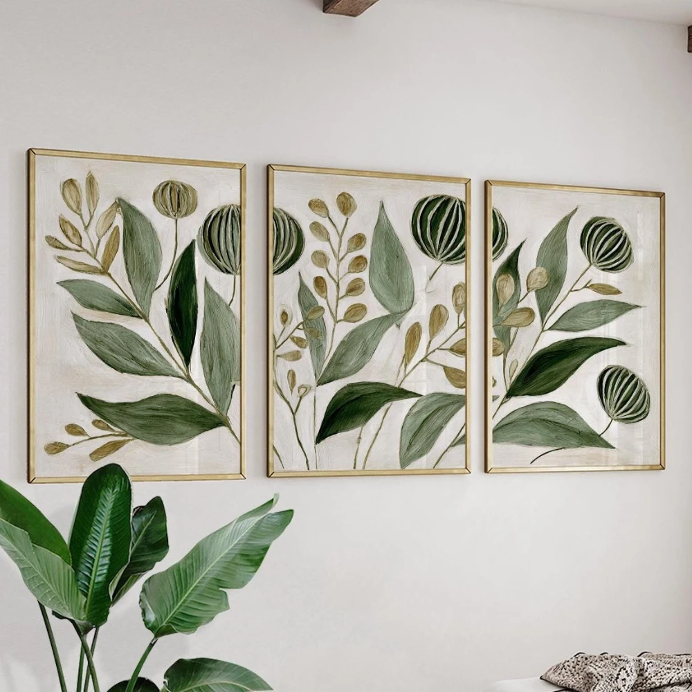 3pcs frameless Canvas Painting Green Botanical Poster Set Abstract Leaves Sage Olive Neutral Tones Canvas Poster Prints Home Bed