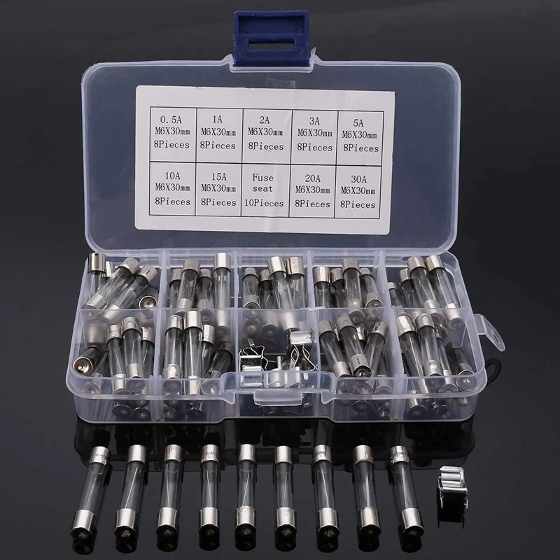 72Pcs 250V 0.5A-30A Glass Tube Assorted 6X30mm Blow Electrical Glass Tube Fast-Blow Glass Fuses Kit