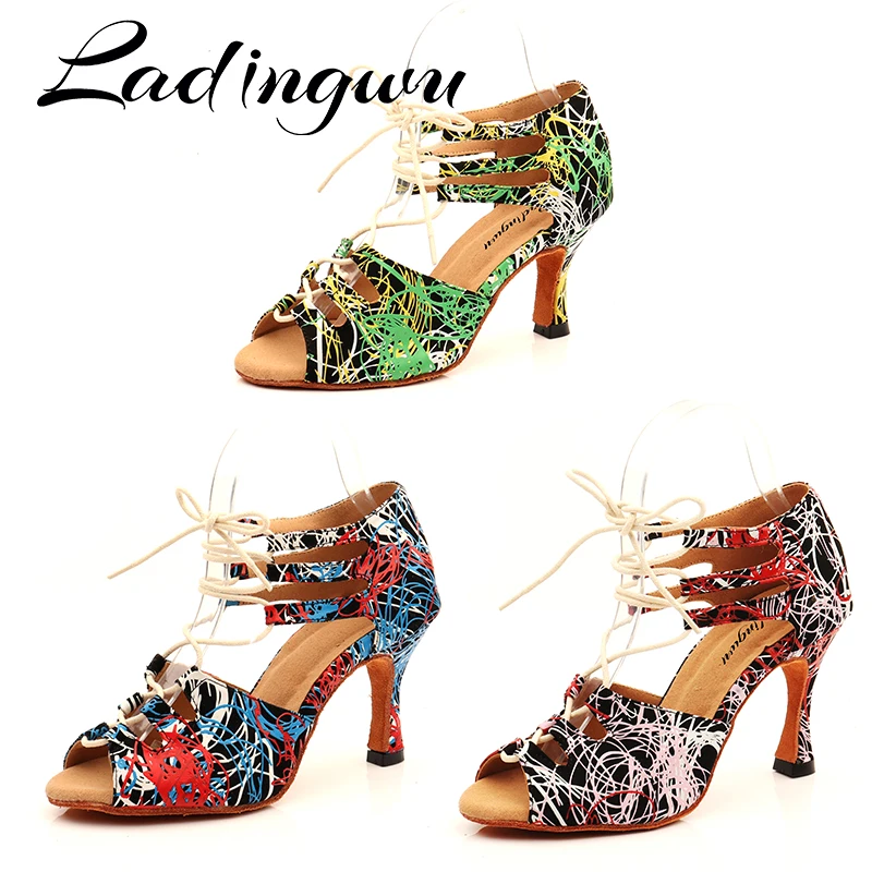 Ladingwu Adjustable Straps Bare Boots Latin Dance Shoes Graffiti Suede Dance Shoes Soft Sole Indoor Salsa Samba Dance Shoes