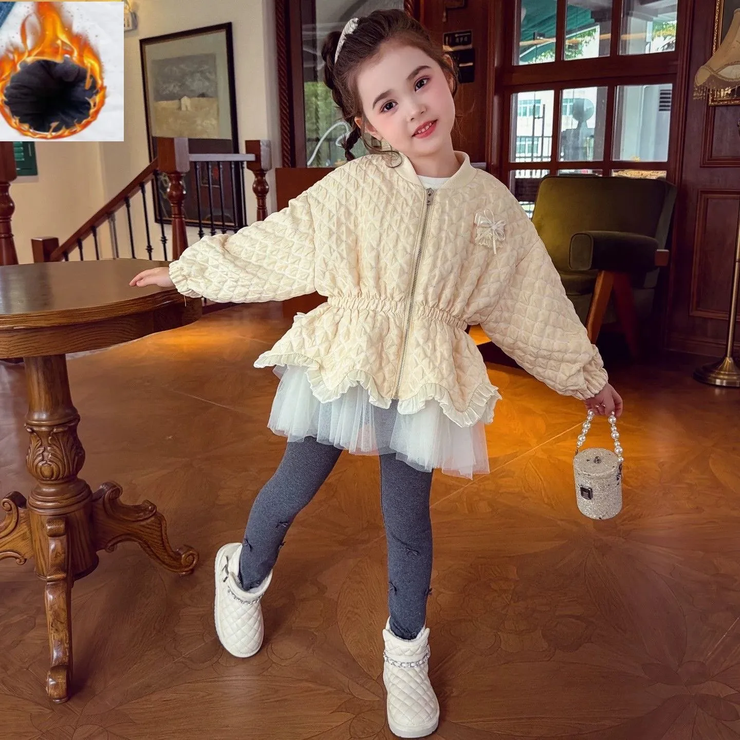 Spring and Autumn Girls' Thick Coat New Children's Mesh Splicing Waist Jacket with Thick Velvet Top
