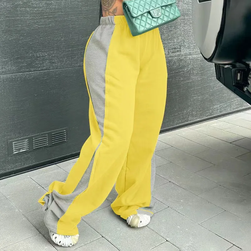 Autumn Fashion Sports Style High Waisted Wide Leg Pants Women Casual Color Blocked Elastic Pocket Sports Pants Women