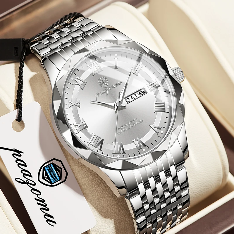 POEDAGAR Top Original Men Watch Waterproof Luminous Date Rectangle Man Wristwatch Mesh Stainless Steel Men's Quartz Watches Male