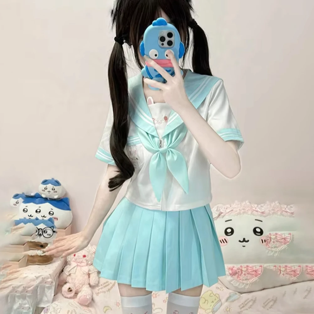 

2Pcs Cute Jk Uniform Female Japanese Preppy Style Sweet Cartoon Embroidery Rabbit Ears Y2K Navy Collar Shirt Pleated Skirt Set