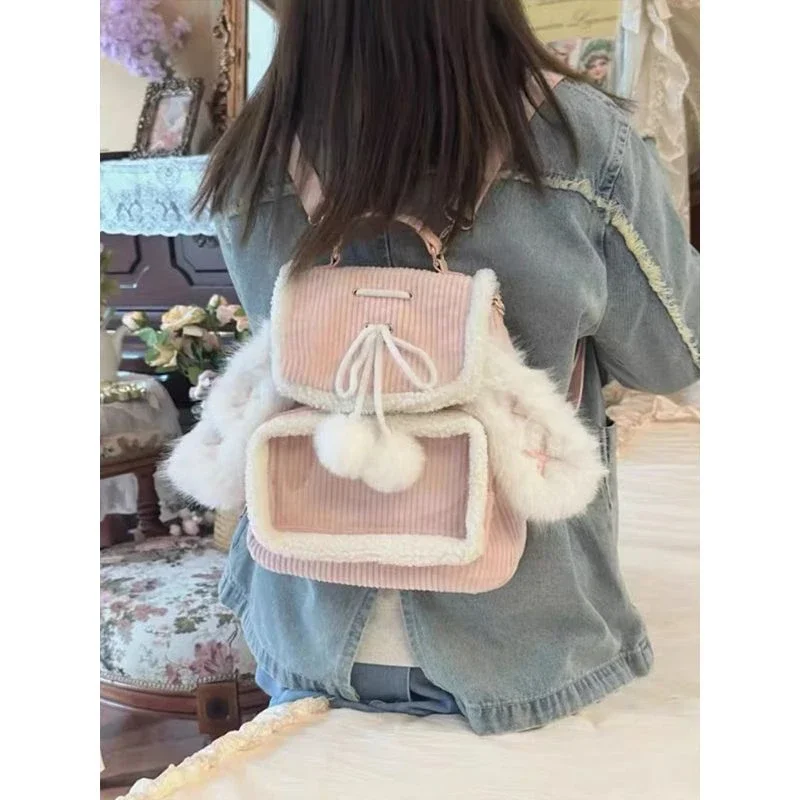 Xiuya Zaini piccoli rosa per donna Orecchie di coniglio Carino velluto a coste Lolita Jk Ita Borsa trasparente Peluche Kawaii Borse estetiche femminili