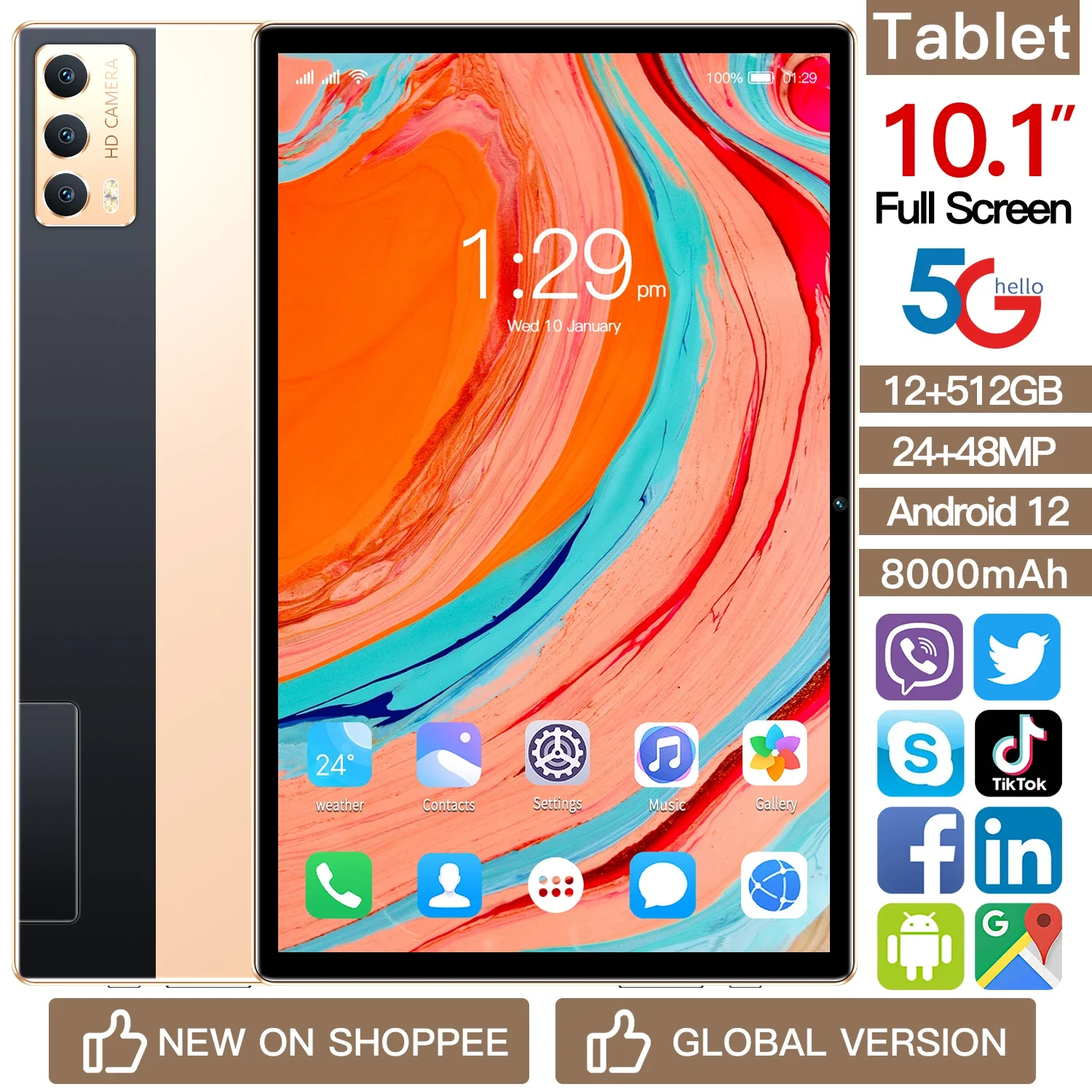 X11Pro Android Tablet - 10.1” HD Screen, Dual SIM, GPS, 8000mAh Battery, 24MP + 48MP Cameras & 8GB RAM