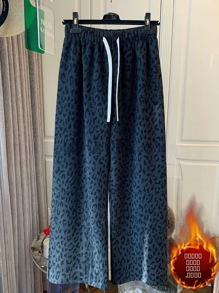 

Корейские широкие брюки с леопардовым принтом и высокой талией, женские зимние теплые дизайнерские повседневные прямые брюки