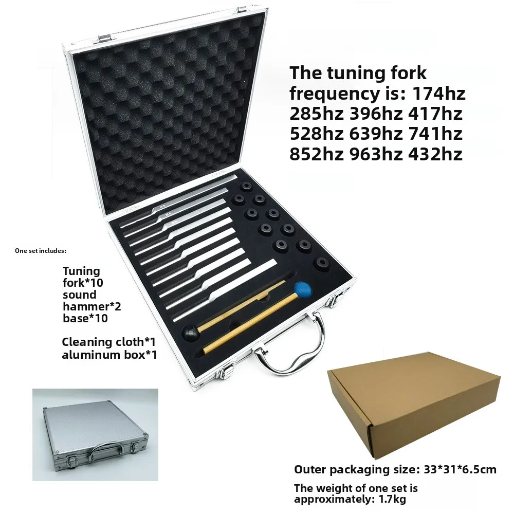 Set of 10 Aluminum Alloy Medical Tuning Forks with Matching Base 174Hz 528Hz 963Hz 432Hz Manual Power Source