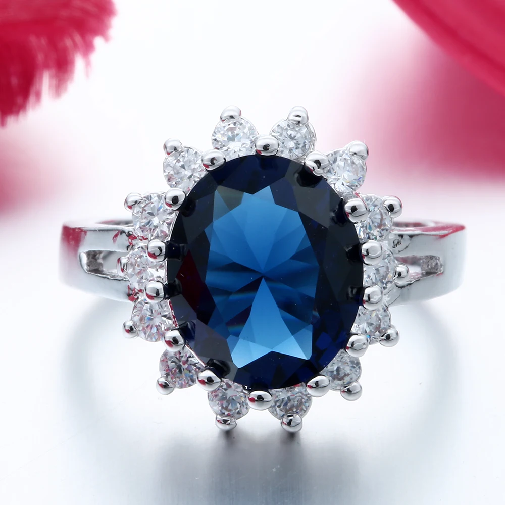 Princess Diana Halo Ring Oval Cubic Zirconia Women Engagement Ring Silver Tone Sunflower Wedding Band Bridal Jewelry Gift