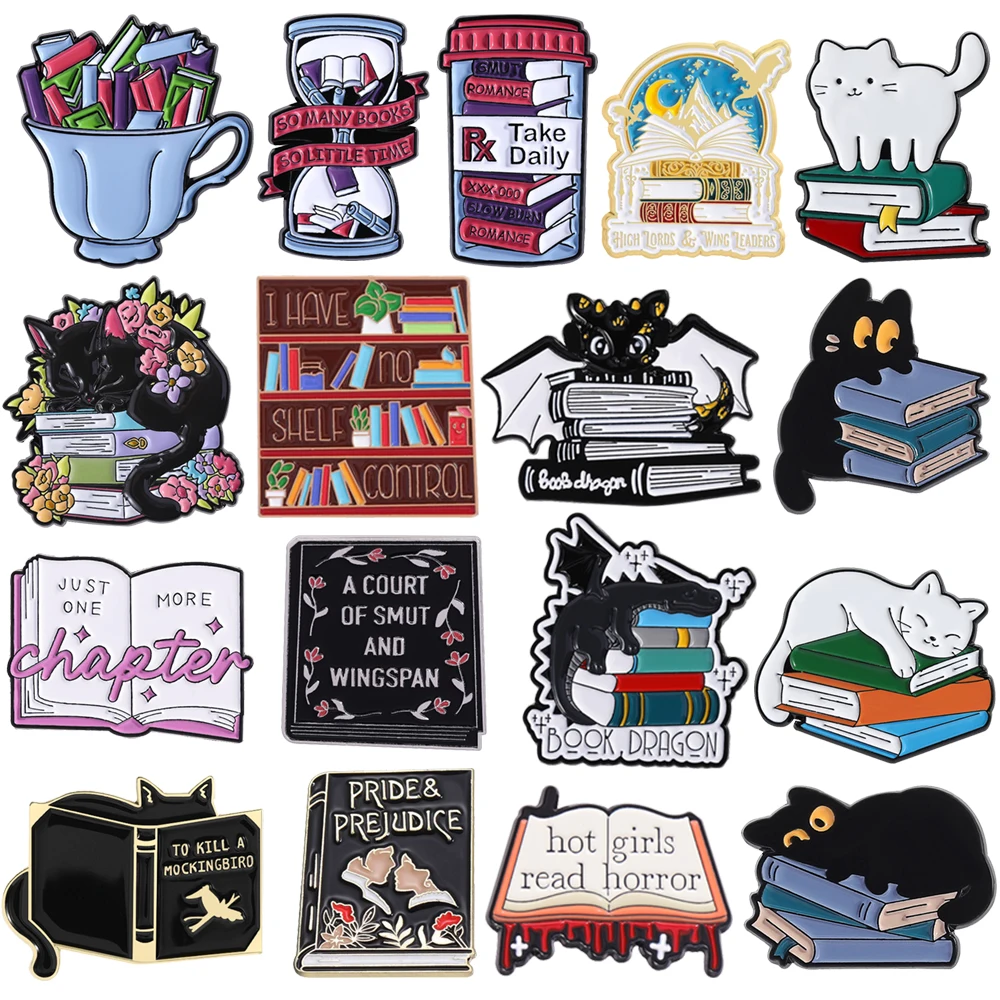 

Cute Books Metal Pins Lapel Brooch Cup Hourglass Flower Cat Bookshelf Pterosaur Read More Magic Book Cartoon Badge Jewelry Gift